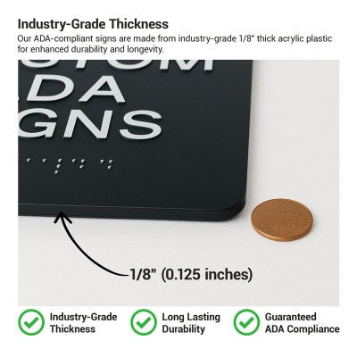 The 1/8th-inch thickness of the ADA sign compared to a penny