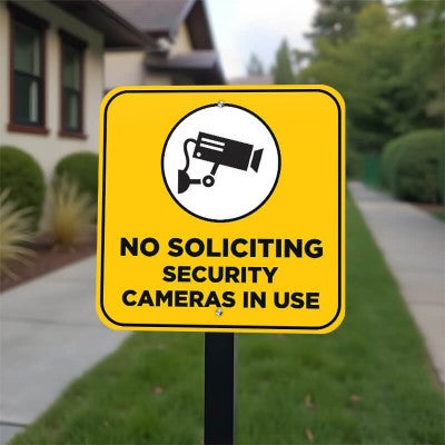 No soliciting sign with a yellow background reading Security cameras in bold hung on a pole 