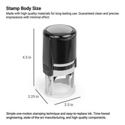 Notary stamp body size chart with labeled height, width, and durable construction details.