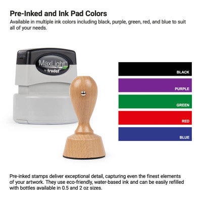 Select from 5 pre-inked and wood-handled stamp colors