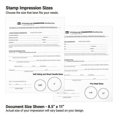 Notary stamp impression size guide with round examples shown on form layouts.