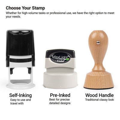 Comparison of self-inking, pre-inked, and wood-handle stamps. 
