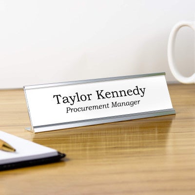 Taylor Kennedy in Modern Signature Style, White With Black Letters Desk Plate on Clean Office Table