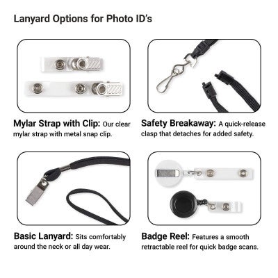 Options for Photo ID’s” showing four photo ID attachments: mylar strap with snap clip, safety breakaway lanyard with hook, basic black neck lanyard, and retractable badge reel with clear strap.
