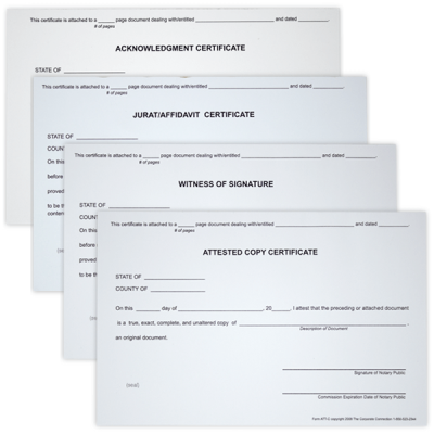 Set of 4 Notary Certificates - Witness, Acknowledgement, Attest, and Jurat