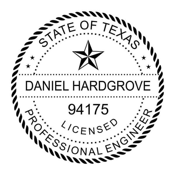 Texas professional engineer stamp with name, license number, and circular border design.