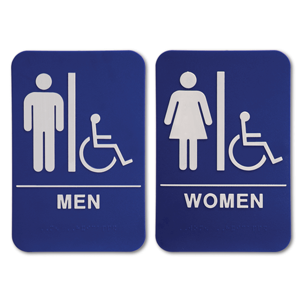Blue ADA Braille Men's & Women's Handicap Restroom Sign Set | 9" x 6"