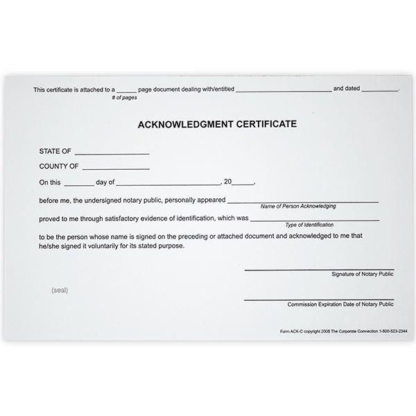 Acknowledgement Notary Certificate Pad