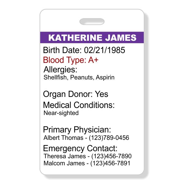 Emergency Health Information Vertical Wallet Reference Card