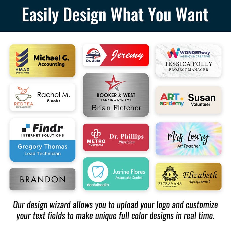 Infographic featuring 12 different examples of full-color name tags with and without company logos