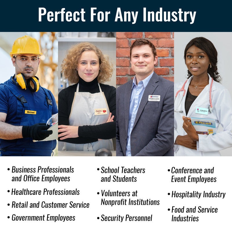 Images of 4 professionals wearing customized name tags within their respective industry settings