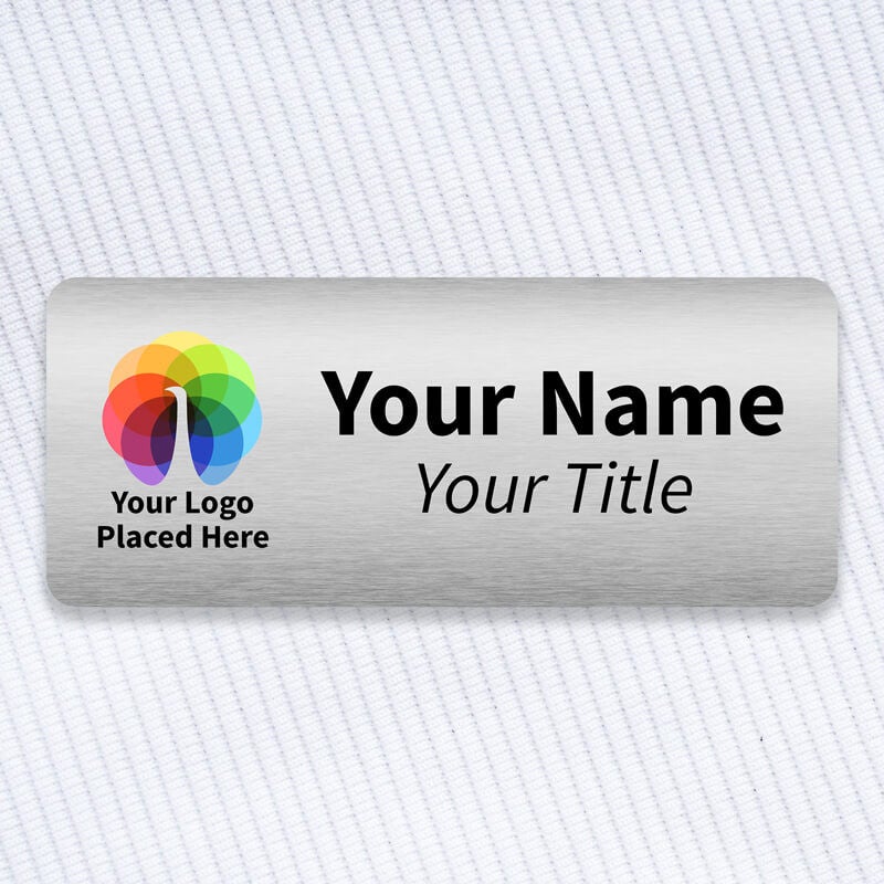 A Full Color Custom Name Tag - 1.5" x 3.5" on a off-white material background