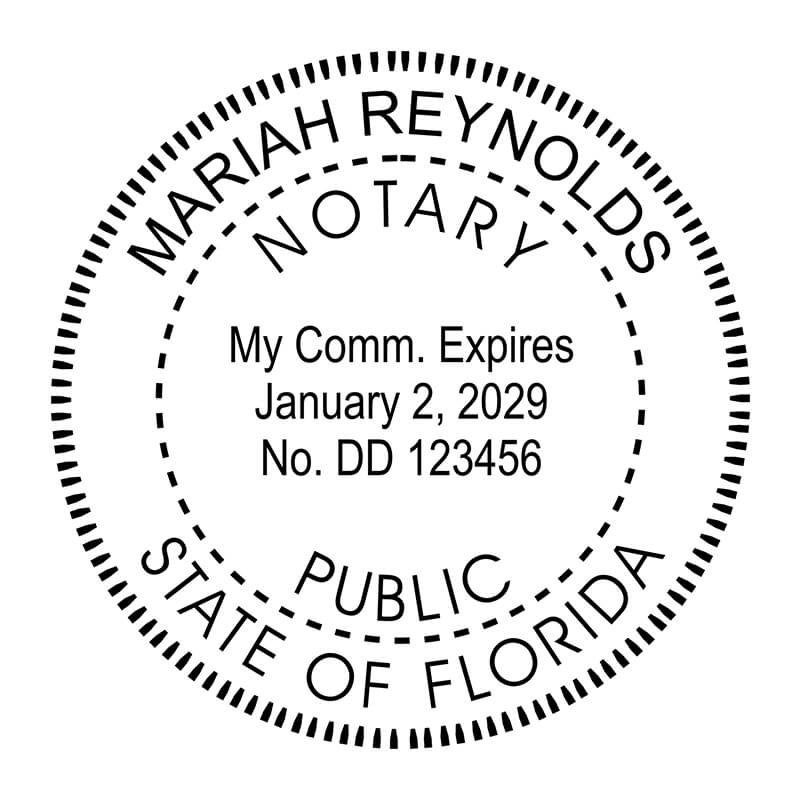 Florida notary stamp with name, commission expiration, and circular seal layout.