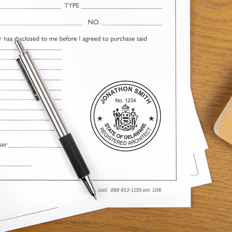 The State of Delaware Architect Seal at the bottom of a document next to a pen