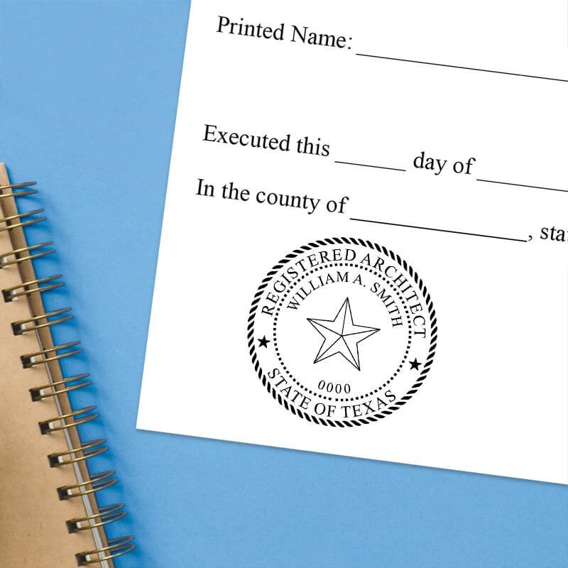 Texas architect stamps impression on official document with custom seal design.  