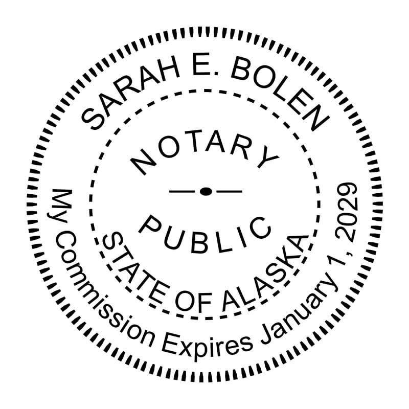 Alaska notary public seal with expiration date, name, and commission number.