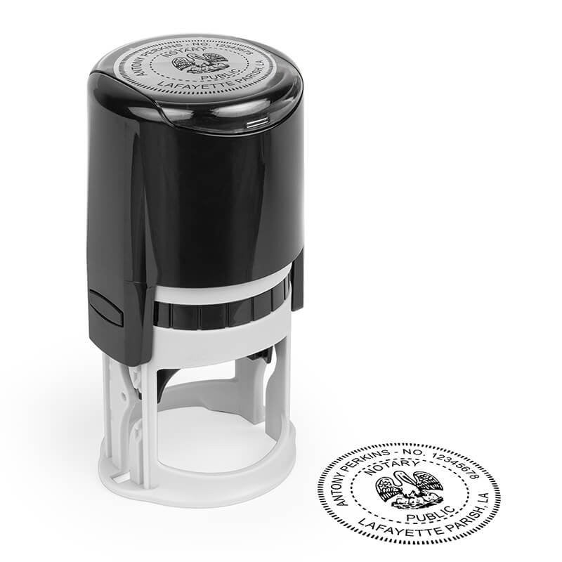 Impression of Louisiana notary stamp with stamp body beside it