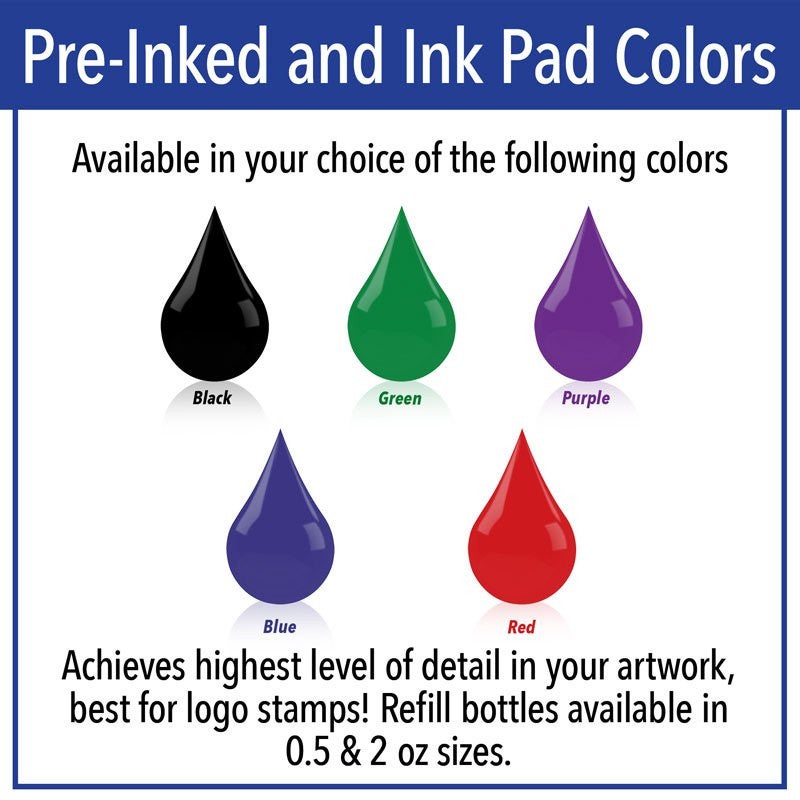 Pre-Inked color options: Black, green, purple, blue, and red