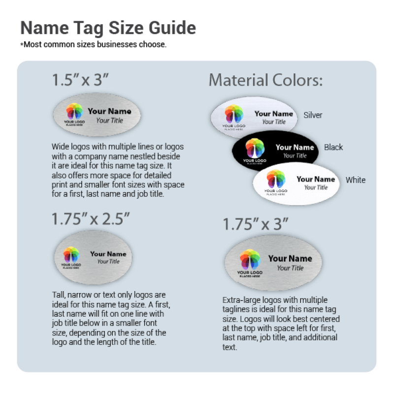 Name Tag Size Guide on a blue background