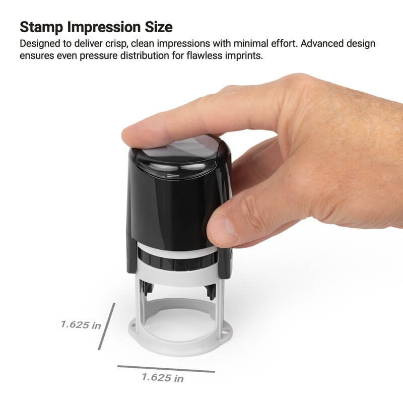 Hand pressing notary stamp with labeled impression size dimensions.