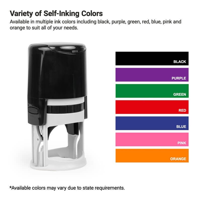 Self-inking stamp shown with seven ink colors: black, purple, green, red, blue, pink, and orange. 