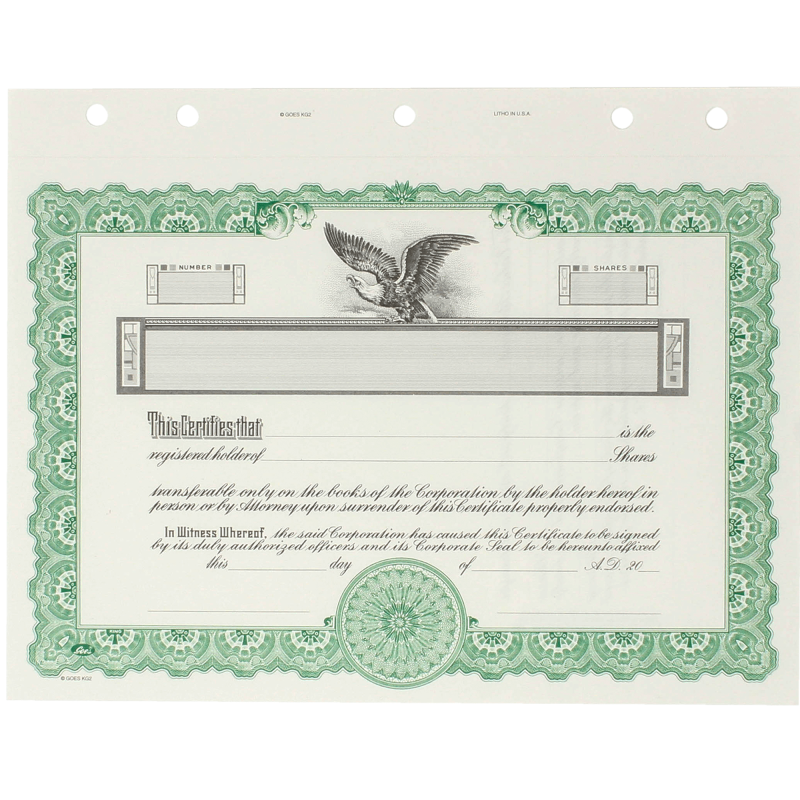 GOES KG2 Blank Corporate Stock Certificates