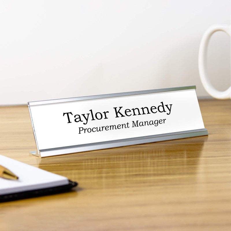Taylor Kennedy in Modern Signature Style, White With Black Letters Desk Plate on Clean Office Table