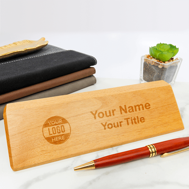 Wooden engraved desk plate on desk