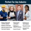 Images of 4 professionals wearing customized name tags within their respective industry settings