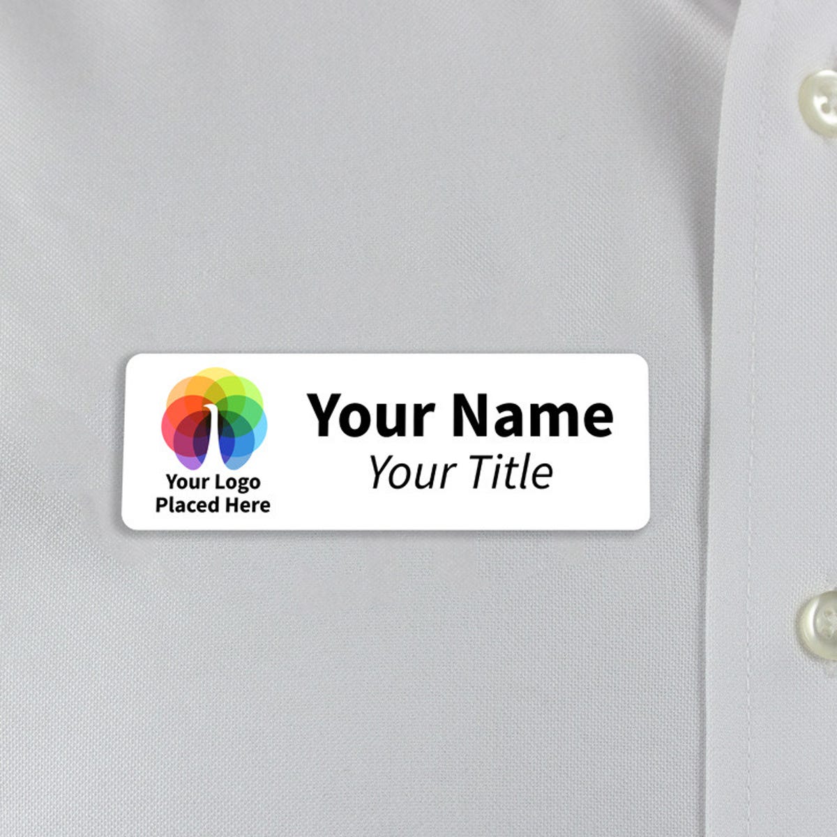 A Full Color Custom Name Tag - 1" x 3" on a off-white material background