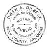 Self-inking Arkansas notary stamp with round seal. 