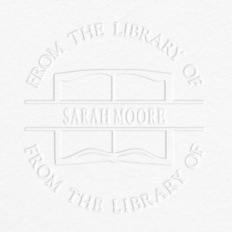 Example of From the Library Book Name Embosser Impression on Grey Background