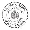 Maine notary public stamp with state seal, expiration date, and circular text layout.
