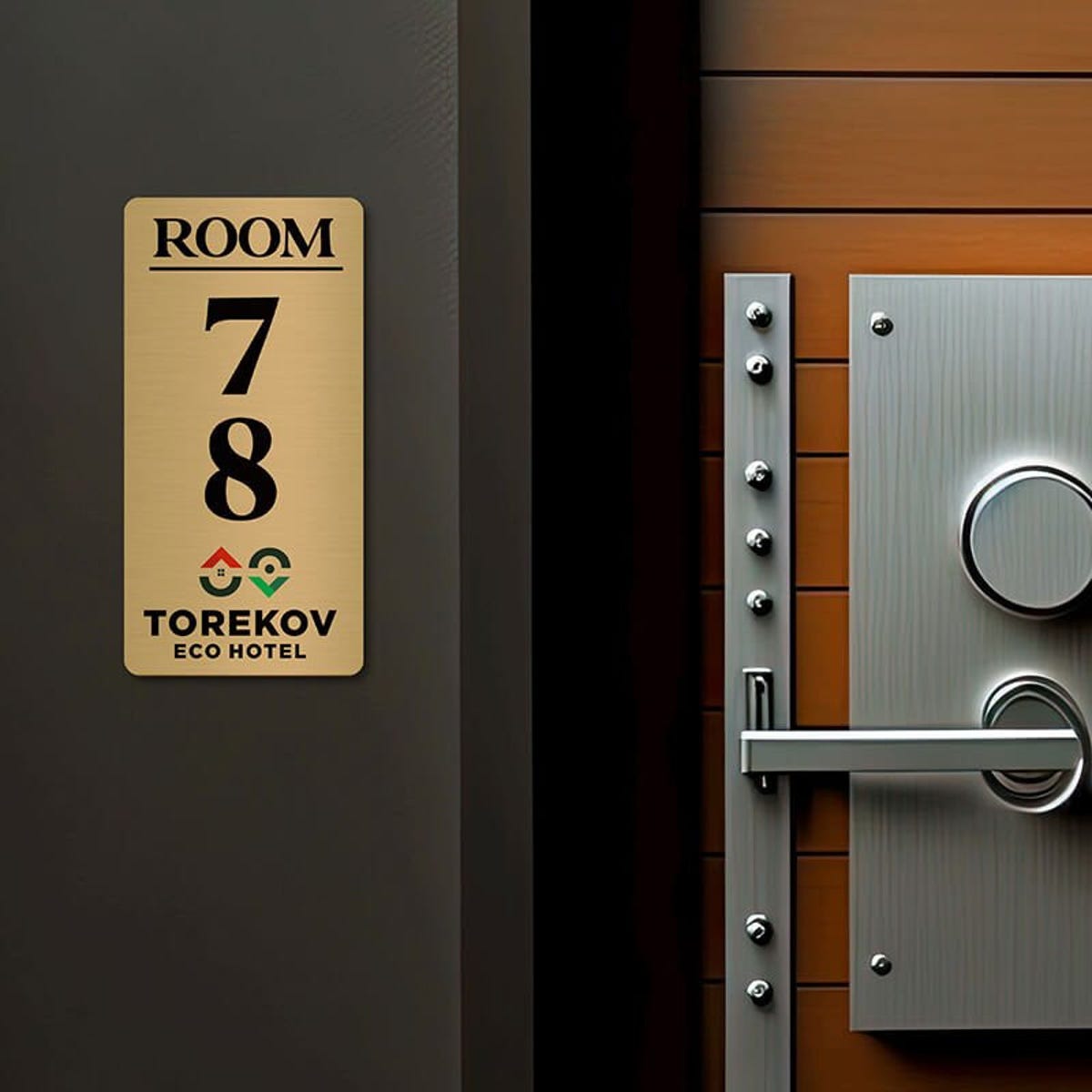 6x3 printed brass sign displayed next to a doorway