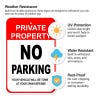 An aluminum sign highlighting sun, rain, and rust resistance for outdoor durability.