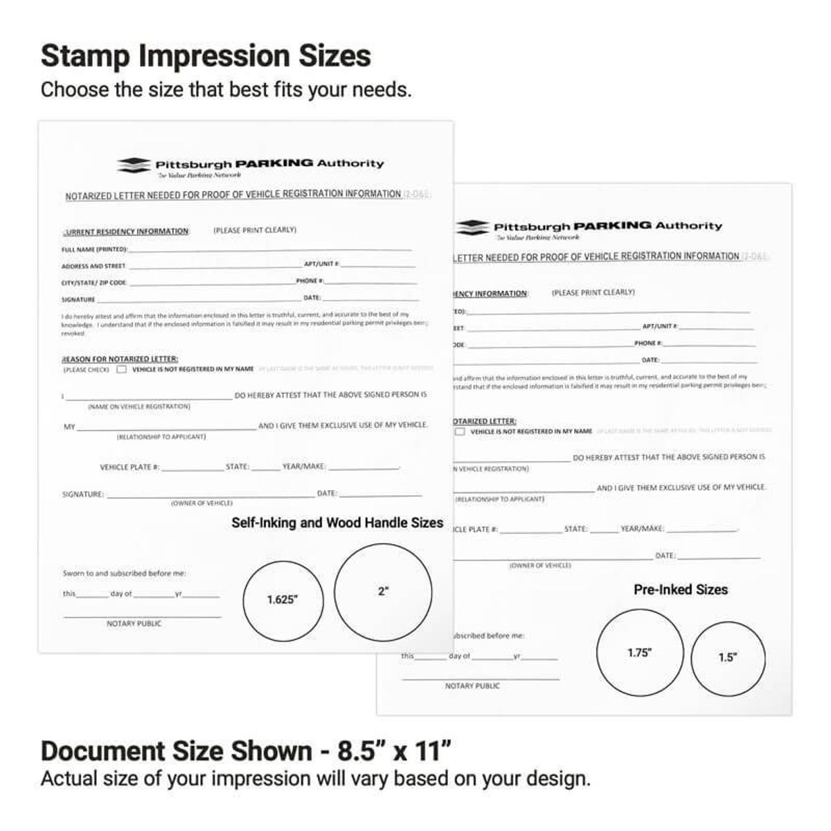 Notary stamp impression size guide with round examples shown on form layouts.