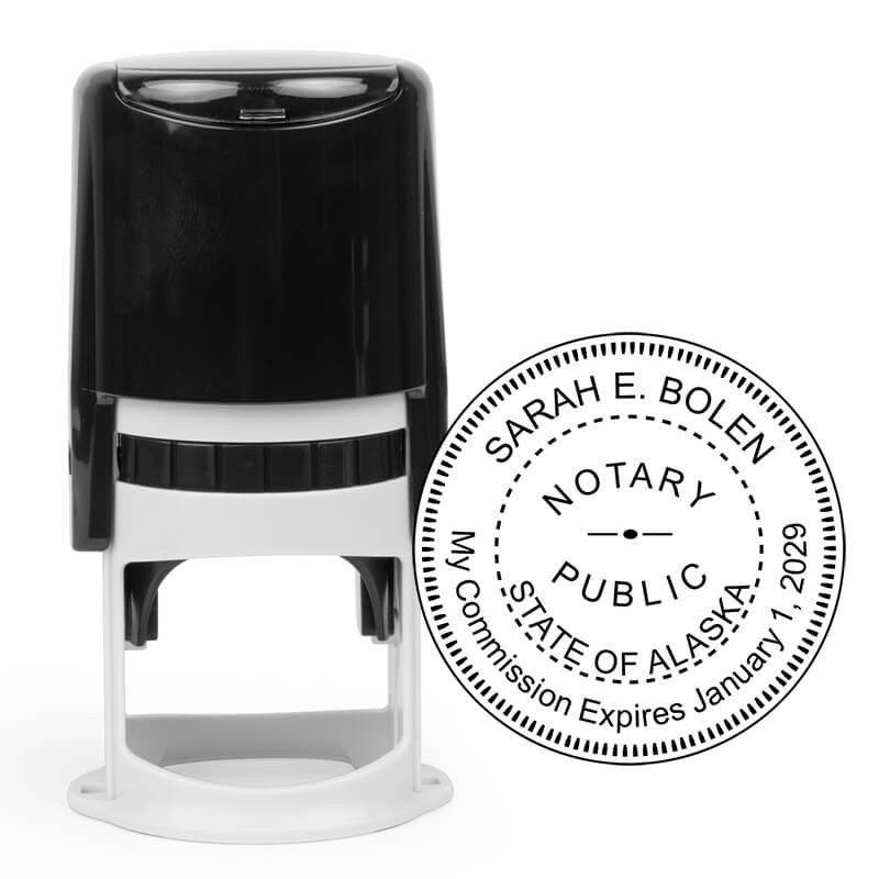 Self-inking Alaska notary stamp with round seal.
