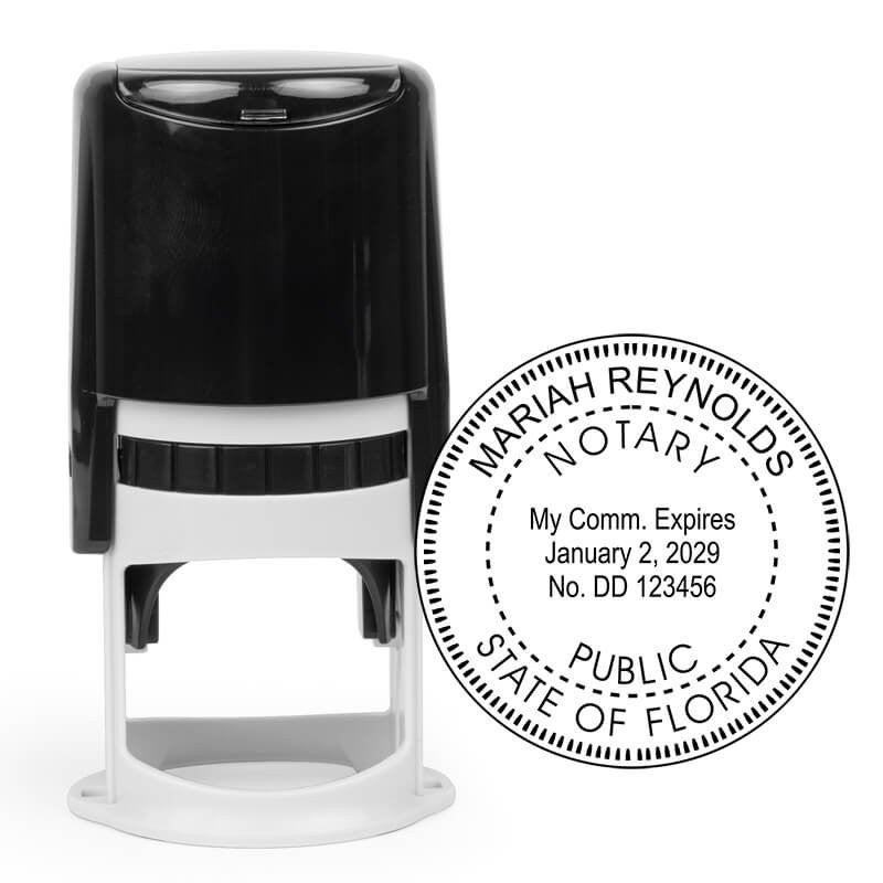 Self-inking Florida notary stamp with round custom seal and commission expiration date.