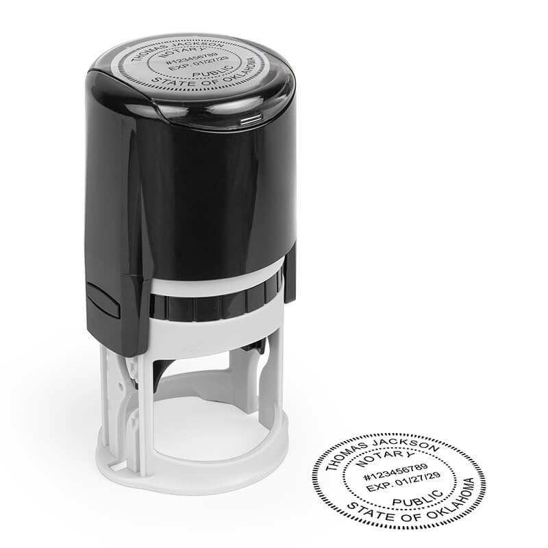 Self-inking notary stamp beside its circular stamped impression on a white background.
