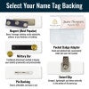Infographic illustrating the 5 name tag backings offered