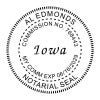Iowa notary public seal with expiration date, name, and commission number. 