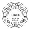California architect seal featuring license number, name, and renewal date in circular format.