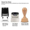 Comparison of self-inking, pre-inked, and wood-handle stamps for custom professional seals.