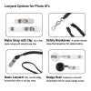 Options for Photo ID’s” showing four photo ID attachments: mylar strap with snap clip, safety breakaway lanyard with hook, basic black neck lanyard, and retractable badge reel with clear strap.