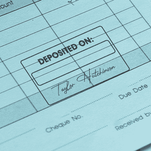 Deposited On with Custom Script Name Financial Stamp in Use
