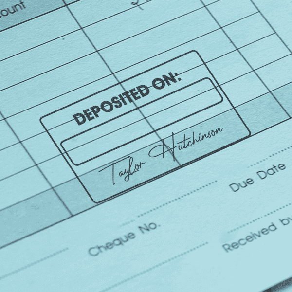 Deposited On with Custom Script Name Financial Stamp in Use