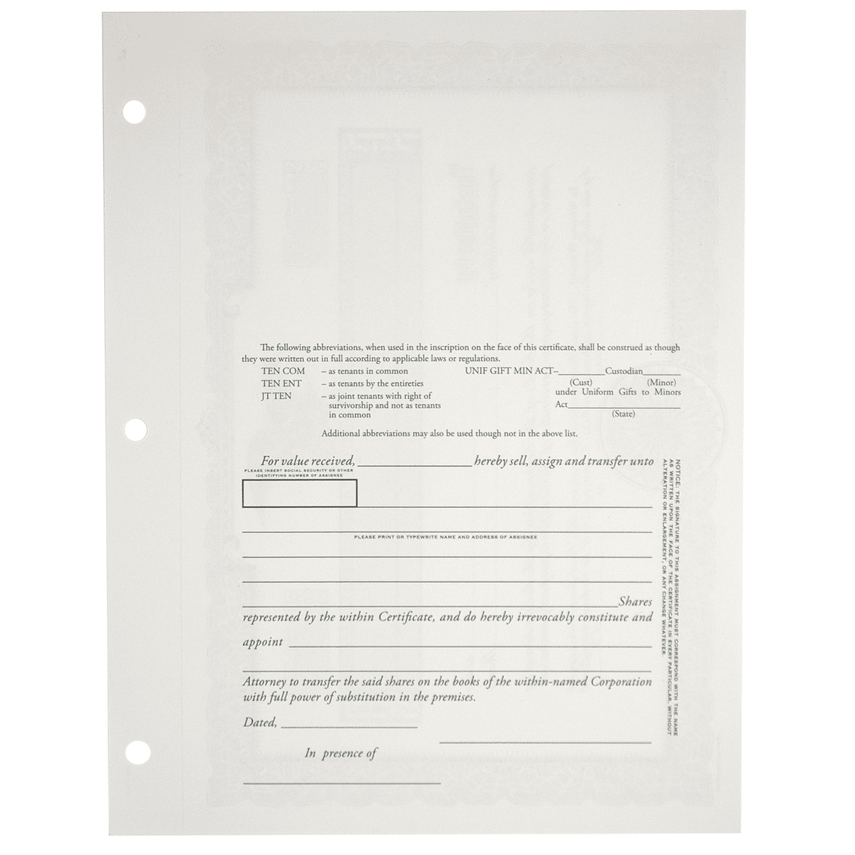 Duke 10 Blank Stock Certificates | Quantity of 20 or More