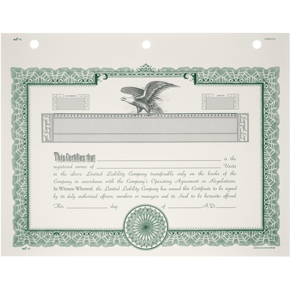 Duke 16 LLC Blank Membership Certificates | Quantity of 20 or More