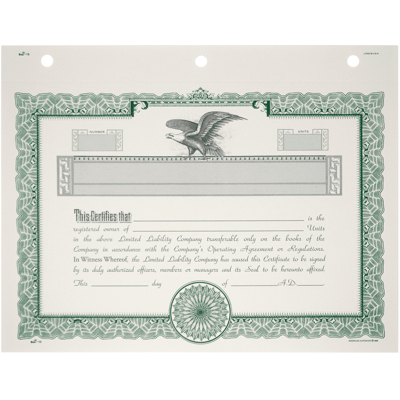 Duke 16 LLC Blank Membership Certificates | Quantity of 20 or More