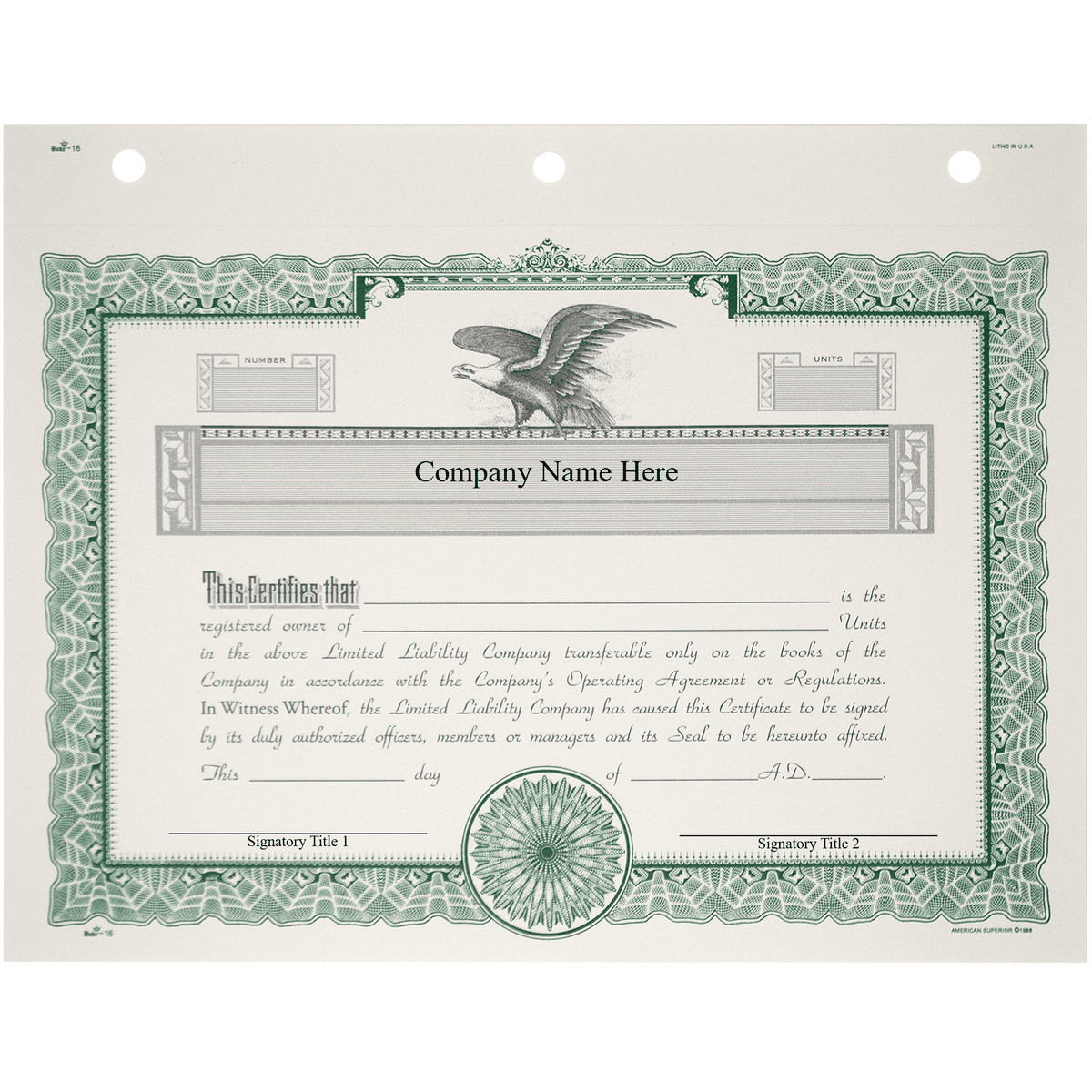 Duke 16 LLC Membership Certificates | Quantity of 20 or More